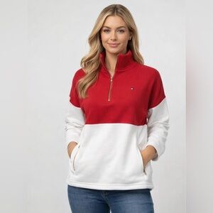 Tommy Hilfiger Women's Red and White Quarter-Zip